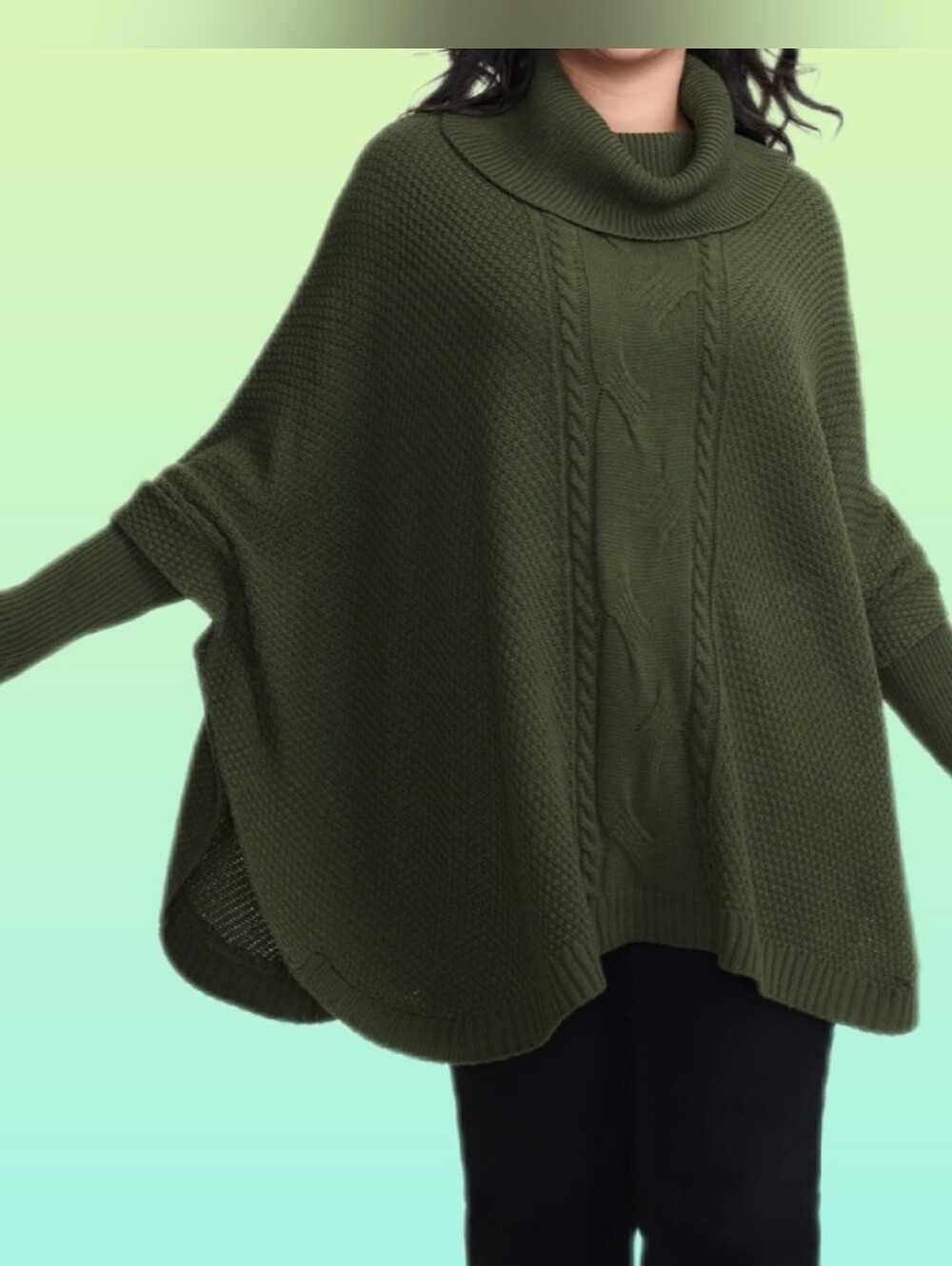 Army Green Cable-Knit Poncho Sweater, Bloomchic Size 14-16, Acrylic, Cowl Neck